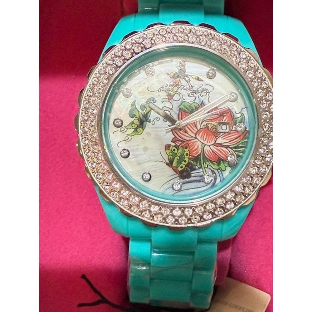 NEW Ed Hardy Women’s Swarovski Element Crystals Floral Butterfly Teal Band Watch